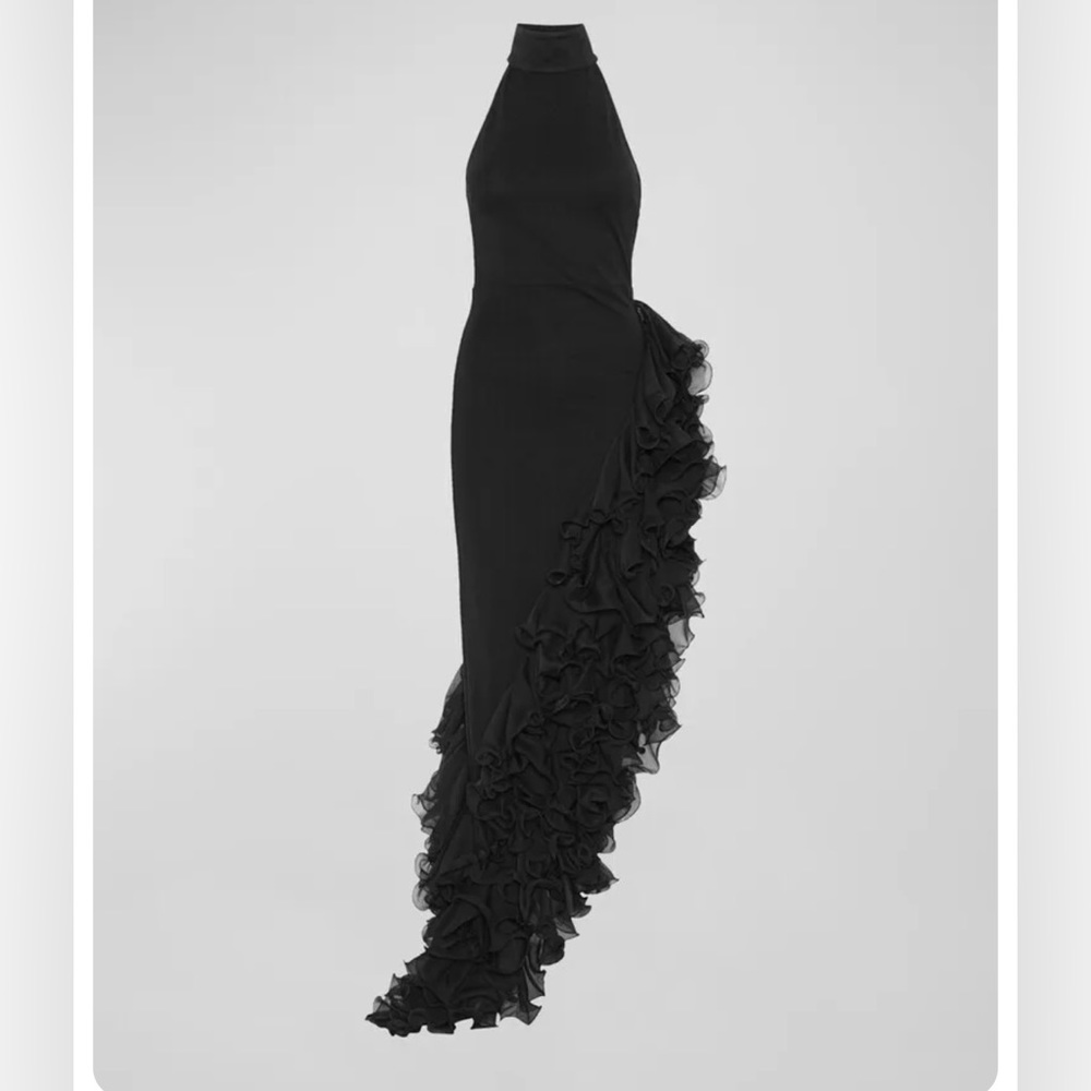 ROTATE Birger Christensen asymmetric ruffle black dress.